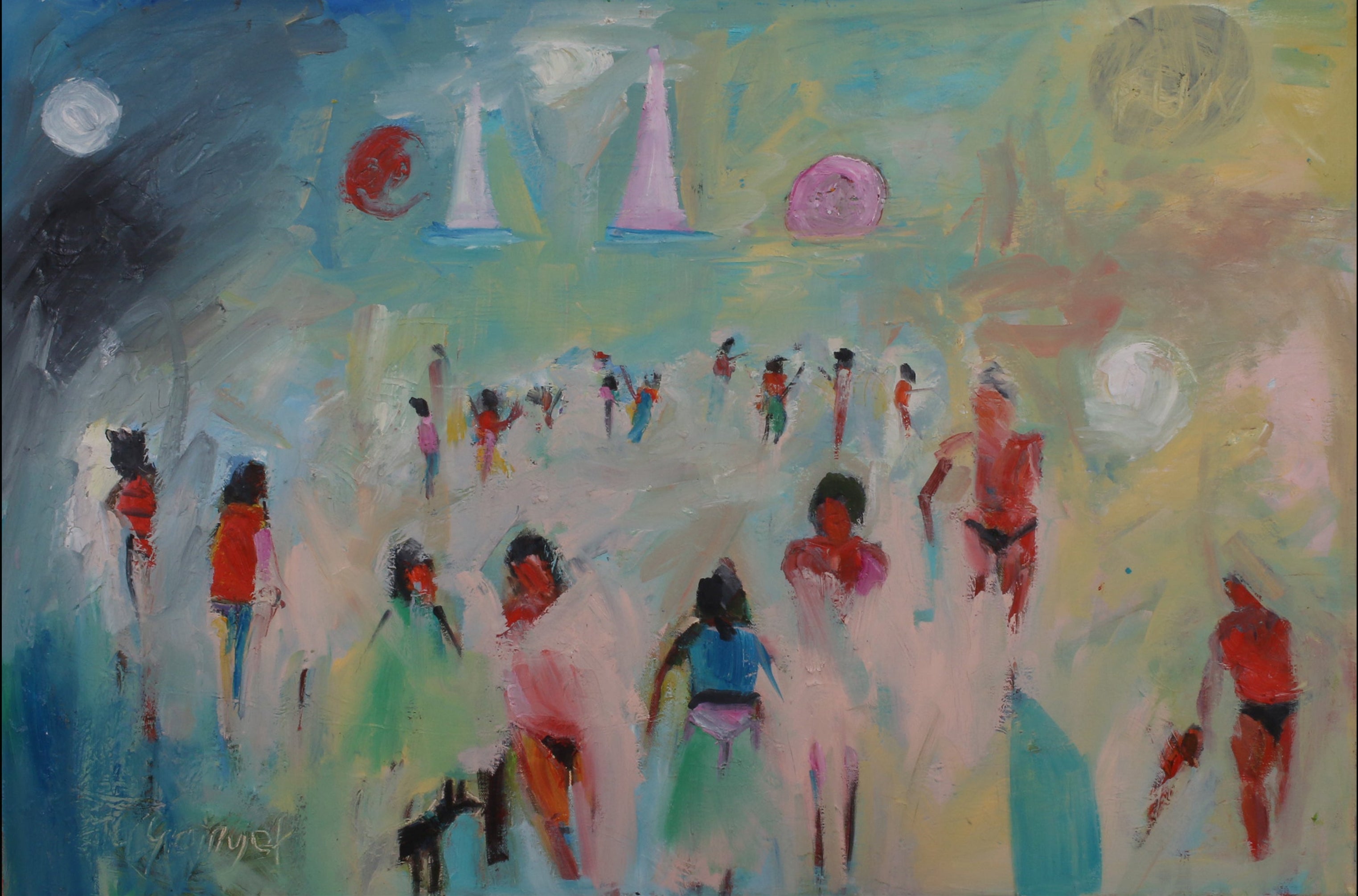 An abstract painting depicting figures in a landscape-like scene with blue, green, yellow, pink, and red brushstrokes, presented with a black border.