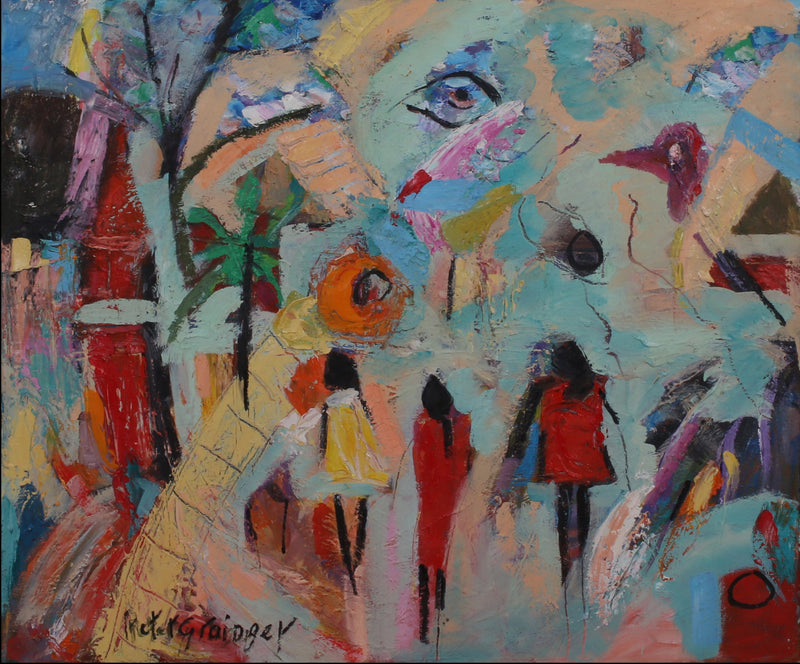 An abstract painting depicting stylized figures walking, rendered in expressive brushstrokes of blue, red, orange, yellow, black, and white, set against a black background.