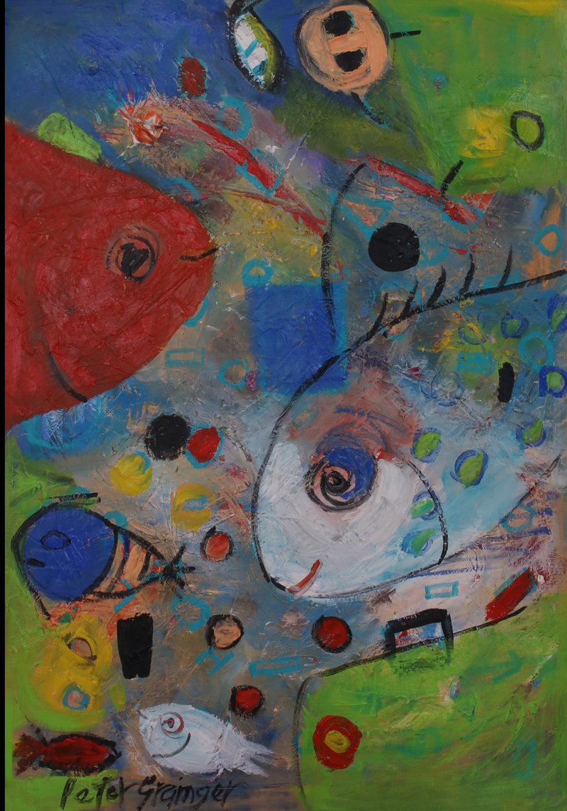 An abstract painting featuring stylized fish and organic shapes in vibrant blue, green, red, white, and yellow, signed 'Patry Skomor' in the lower left corner.