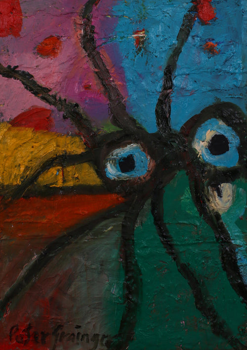 An abstract painting featuring a stylized insect or spider-like figure with large blue eyes, black legs, and a colorful background of teal, pink, yellow, and red, signed Peter Feingold in the lower left corner.