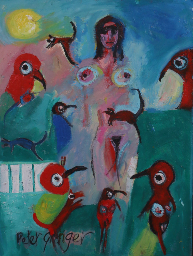 An abstract painting featuring a central nude female figure surrounded by colorful birds and animals, with a blue and green background and a yellow sun-like shape. The artwork is signed 'Peter Gerger' in the lower left corner.