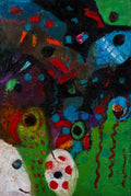 An abstract expressionist painting featuring a complex composition of green, black, blue, red, purple, and white textured shapes and organic forms, presented with a black border.