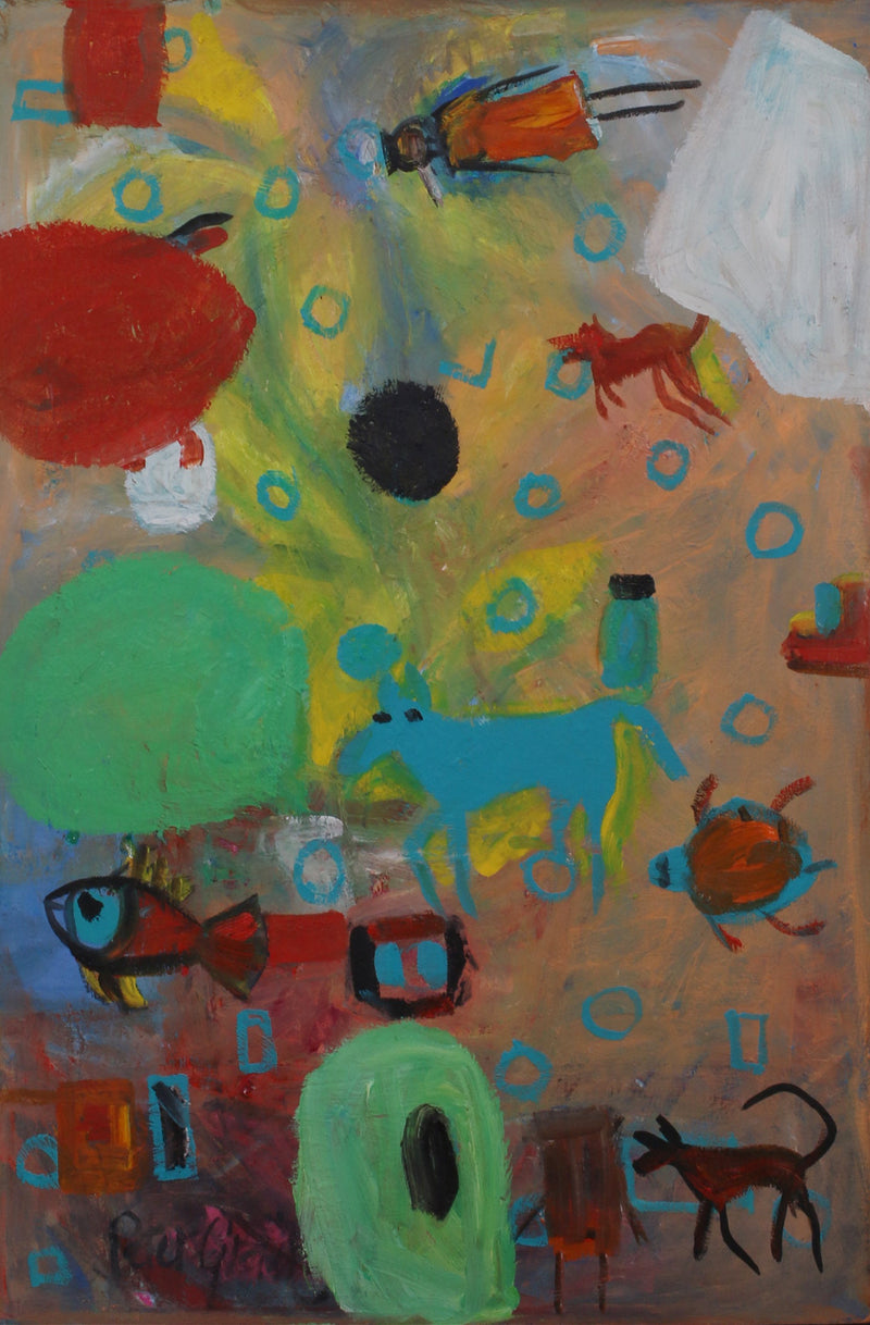 An abstract painting with a colorful, whimsical composition featuring a blue horse, red fish, green shapes, and a white bird-like figure on a textured beige and yellow background.