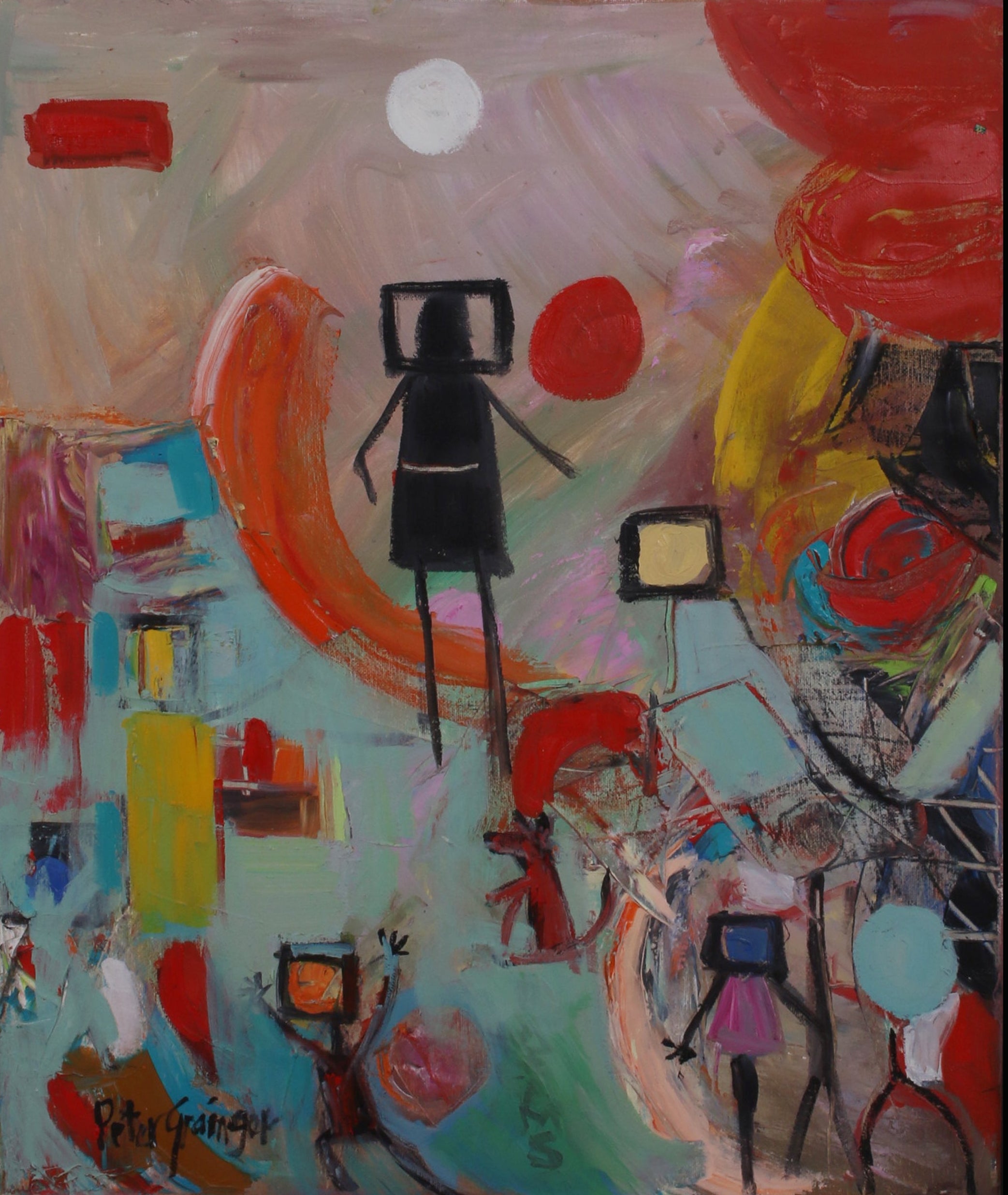 An abstract expressionist painting featuring black stick-figure-like forms, bold red and orange shapes, and a light teal background, presented against a solid black backdrop.