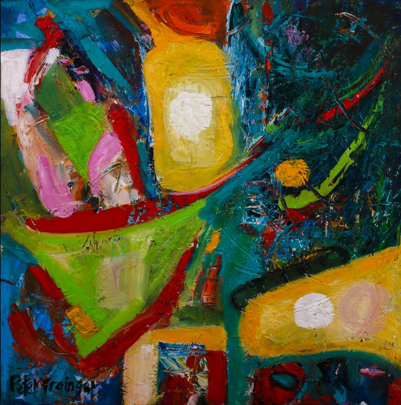 An abstract expressionist painting featuring bold, textured brushstrokes in teal, green, yellow, red, pink, and white, framed by a solid black border.