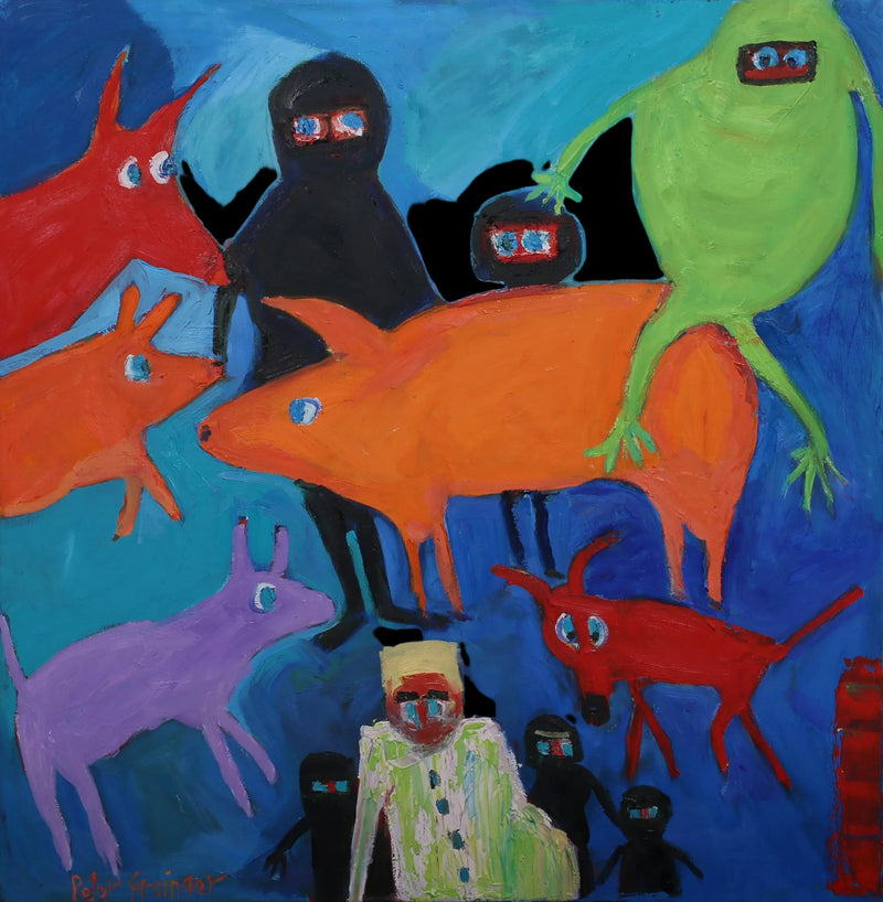 Colorful abstract painting with various animal-like figures on a blue background