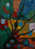 An abstract expressionist painting featuring a central black tree-like form with circular blue, green, and orange elements, set against a black background.