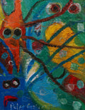 An abstract painting featuring a stylized insect or spider-like figure with large black eyes, rendered in bold brushstrokes of red, orange, yellow, blue, green, and black on a white canvas, framed by a black border.