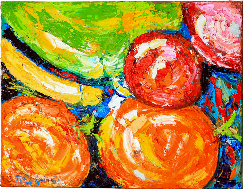 Colorful painting of fruits and vegetables on a white background
