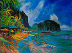 Framed colorful painting of a tropical scene with a gold frame