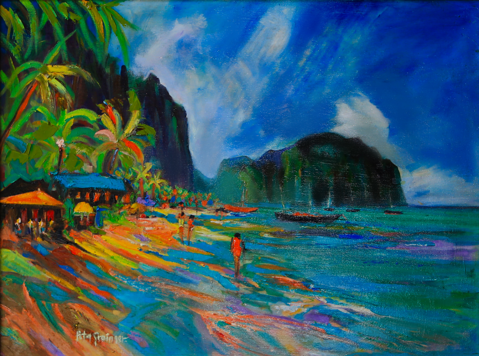 Framed colorful painting of a tropical scene with a gold frame