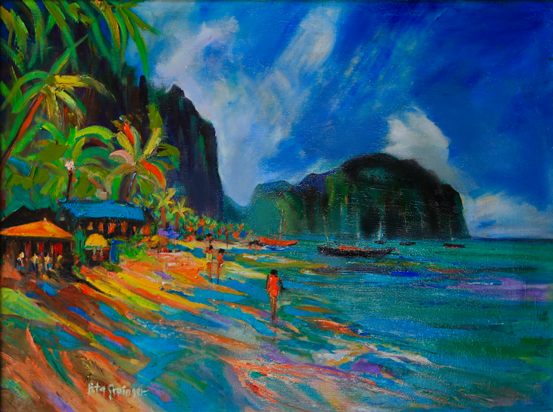 Framed colorful painting of a tropical scene with a gold frame