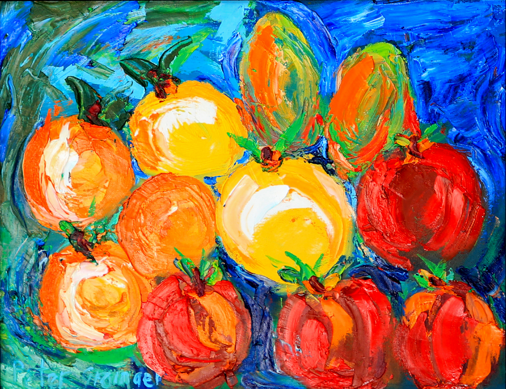 Colorful painting of peaches in a gold frame