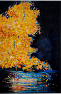 Painting of a tree with autumn foliage reflected in water against a dark background