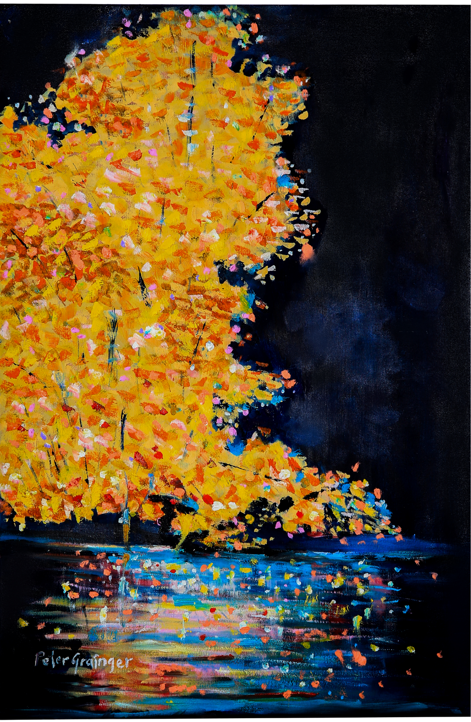 Painting of a tree with autumn foliage reflected in water against a dark background