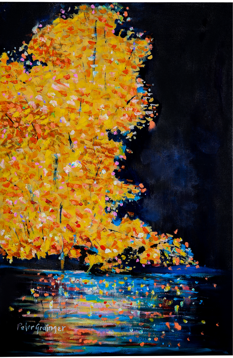 Painting of a tree with autumn foliage reflected in water against a dark background