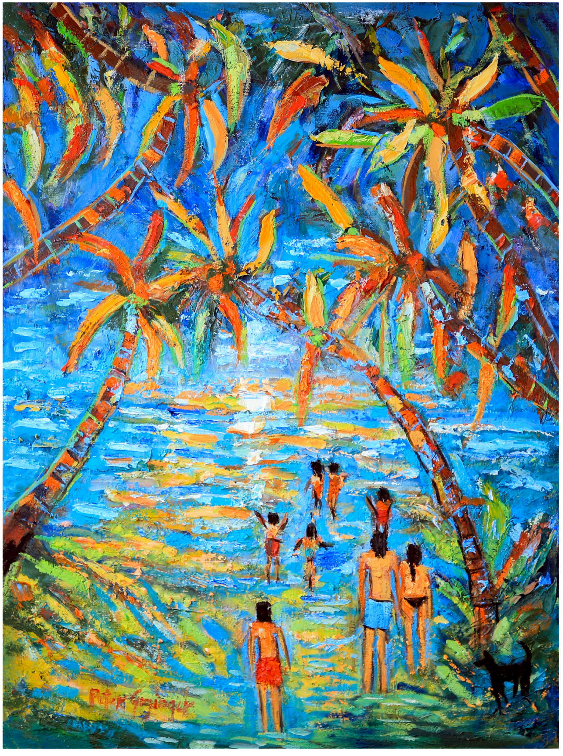 Colorful painting of people by a beach with palm trees