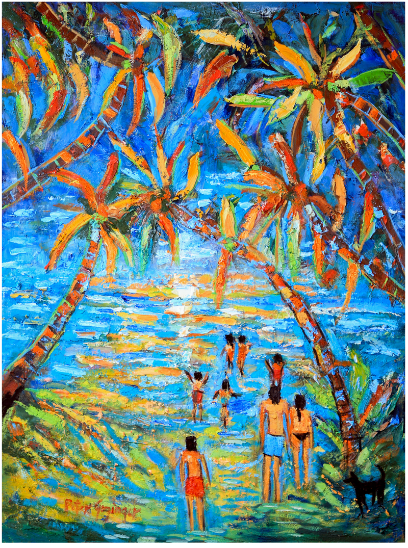 Colorful painting of people by a beach with palm trees