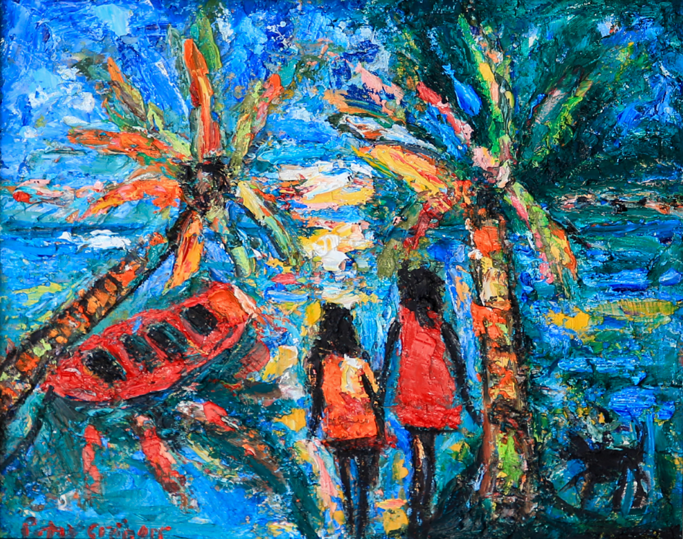 Framed painting of two people under palm trees with a blue sky.