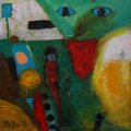 An abstract expressionist painting featuring a stylized green face with blue eyes, a red tongue, and yellow and orange shapes, rendered with thick textured paint strokes.