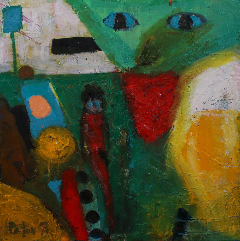 An abstract expressionist painting featuring a stylized green face with blue eyes, a red tongue, and yellow and orange shapes, rendered with thick textured paint strokes.