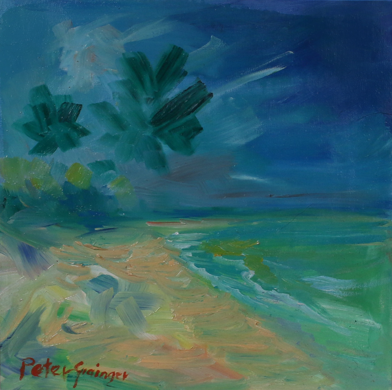 Painting of a beach scene with greenery and water, signed by Peter Grimes.