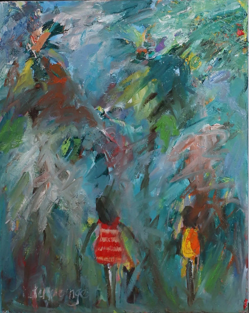 Abstract painting with colorful figures on a white background