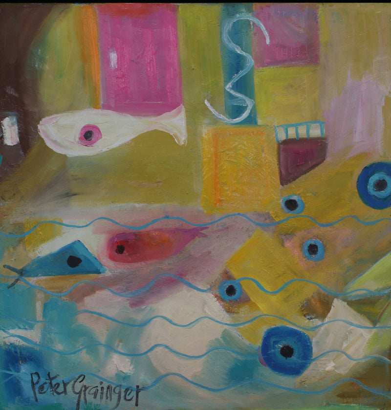An abstract painting featuring stylized fish in blue, pink, yellow, and white, with geometric shapes and wavy lines, signed Peter Grainger at the bottom, displayed against a black background.