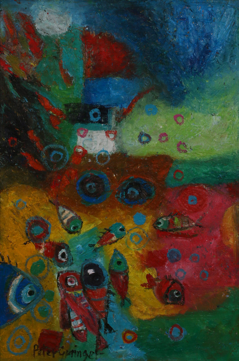 An abstract painting featuring a vibrant mix of blue, green, red, yellow, and black, with stylized fish and circular eye-like motifs. Signed 'Peter Damager' in the lower-left corner, the artwork is presented with a black border.