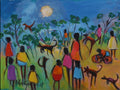 A colorful painted scene showing a group of people and kangaroos in an outdoor landscape at night under a bright moon, with trees and a blue sky. The artwork is presented against a black background.