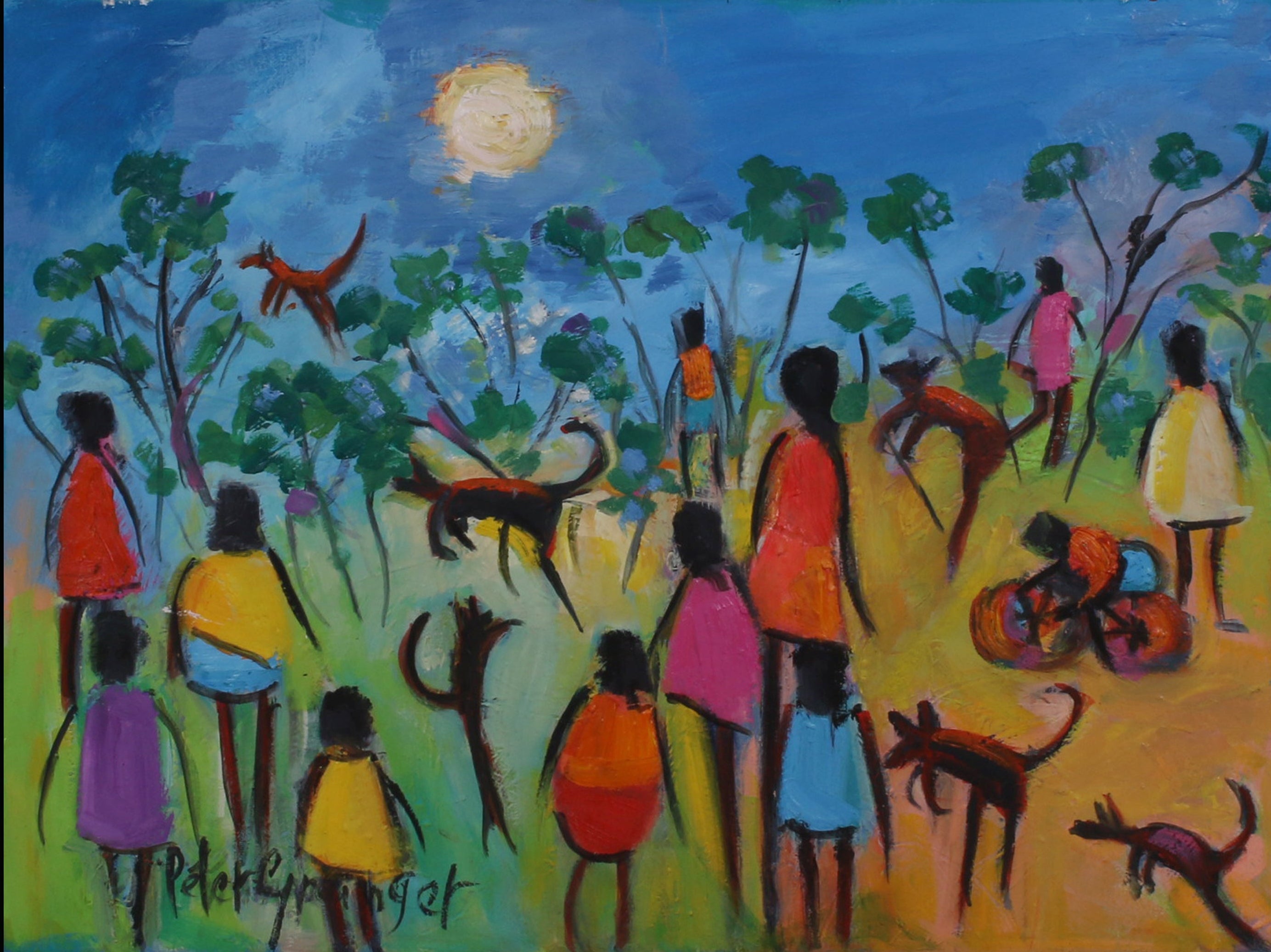 A colorful painted scene showing a group of people and kangaroos in an outdoor landscape at night under a bright moon, with trees and a blue sky. The artwork is presented against a black background.