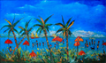 Framed artwork with a tropical scene featuring palm trees and red flowers on a blue background.