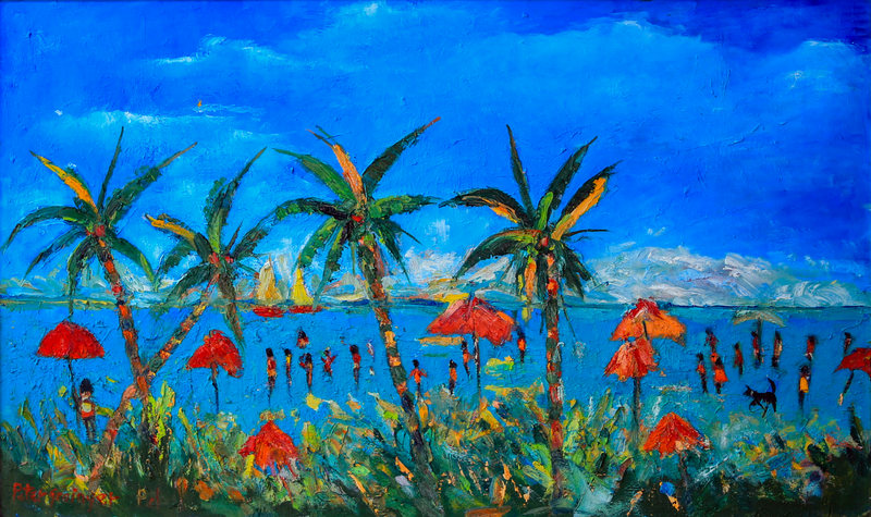 Framed artwork with a tropical scene featuring palm trees and red flowers on a blue background.