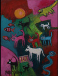 A colorful abstract painting featuring stylized animals including dogs, cats, fish, and a snake, with bold shapes in pink, red, blue, green, black, and orange. The artwork is centered on a black background, and the artist's signature 'Peter Canning' is visible in the lower left corner.