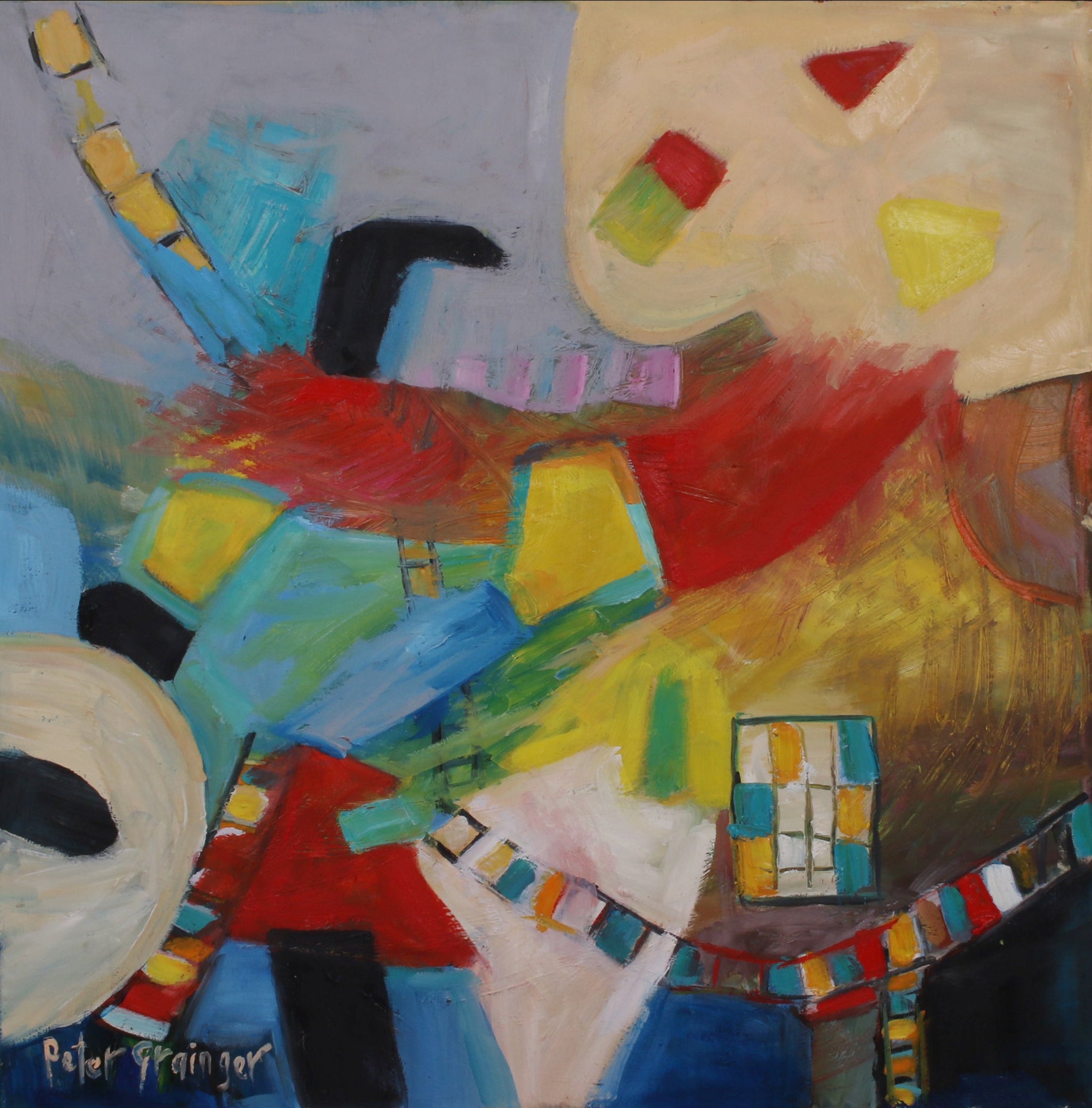 An abstract expressionist painting featuring a vibrant mix of red, yellow, blue, green, black, and white brushstrokes, signed Peter Steinberger in the lower-left corner, presented against a solid black background.