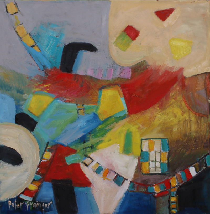 An abstract expressionist painting featuring a vibrant mix of red, yellow, blue, green, black, and white brushstrokes, signed Peter Steinberger in the lower-left corner, presented against a solid black background.