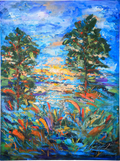 Painting of a forest scene with trees and grass under a blue sky.