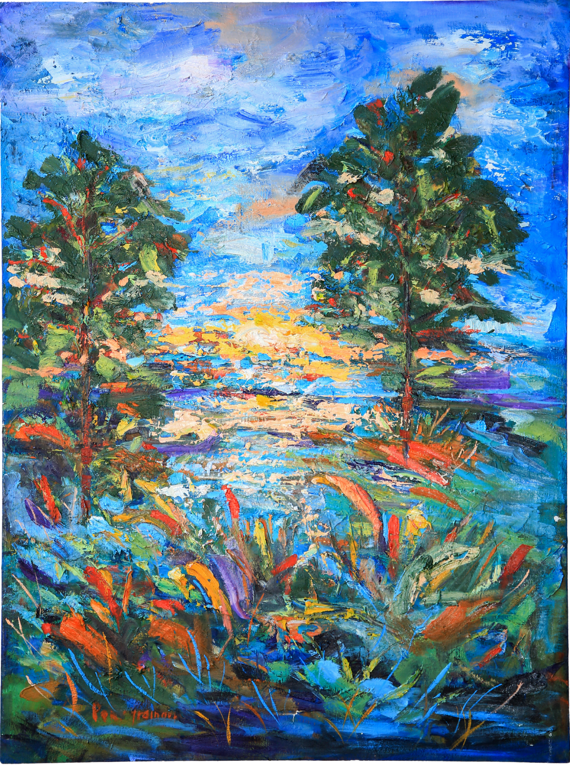 Painting of a forest scene with trees and grass under a blue sky.