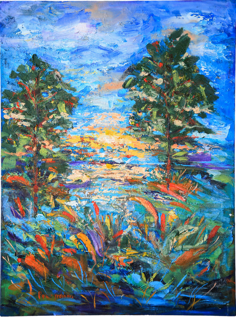 Painting of a forest scene with trees and grass under a blue sky.