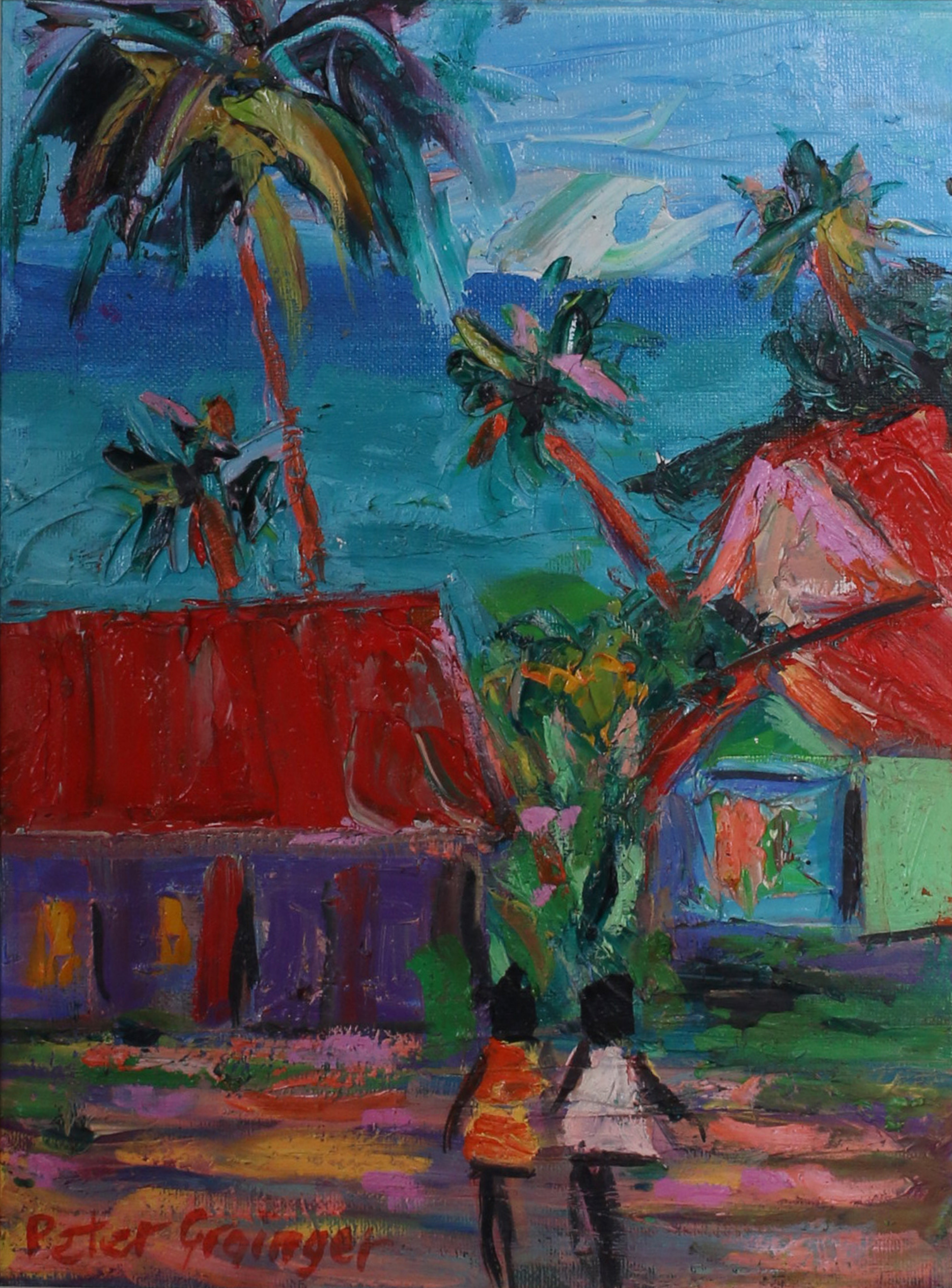 Colorful painting of a tropical scene with houses and people, signed by Peter Vangilder.