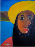 Artistic depiction of a person with a yellow hat against a blue background