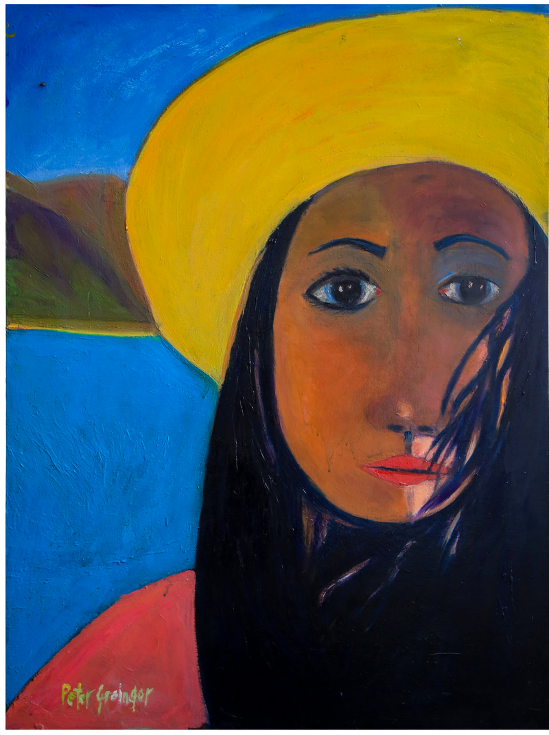 Artistic depiction of a person with a yellow hat against a blue background