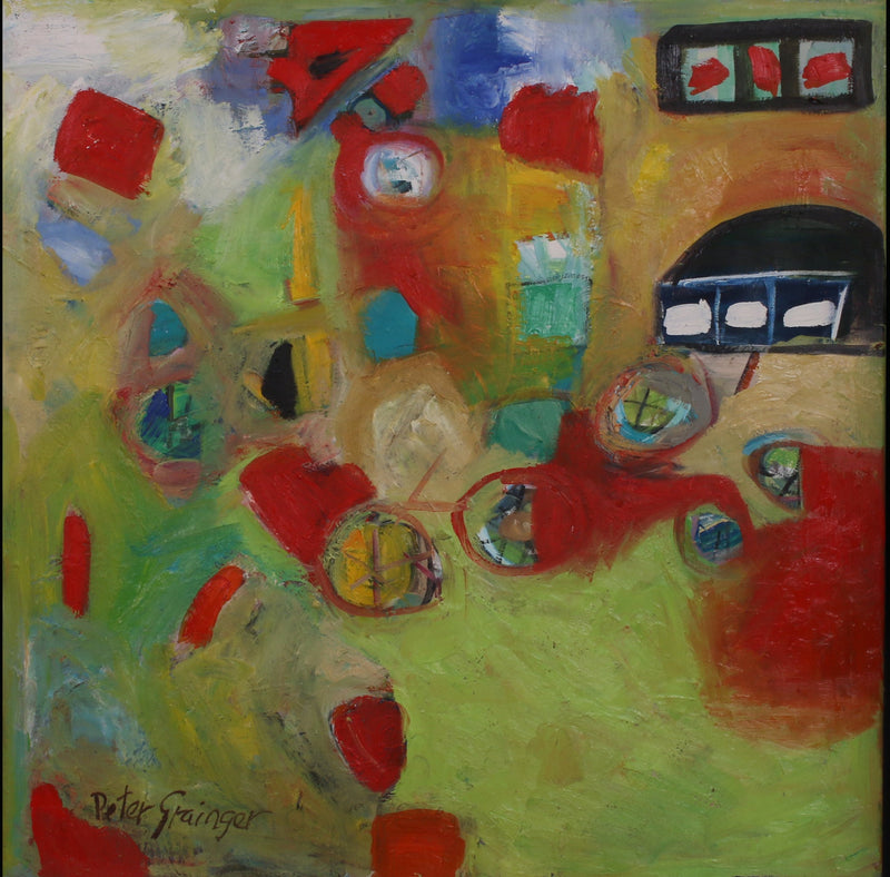 An abstract expressionist painting featuring a vibrant mix of red, green, yellow, blue, and black shapes and gestural marks, presented against a solid black background.