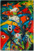 Abstract painting of fish with vibrant colors on a white background