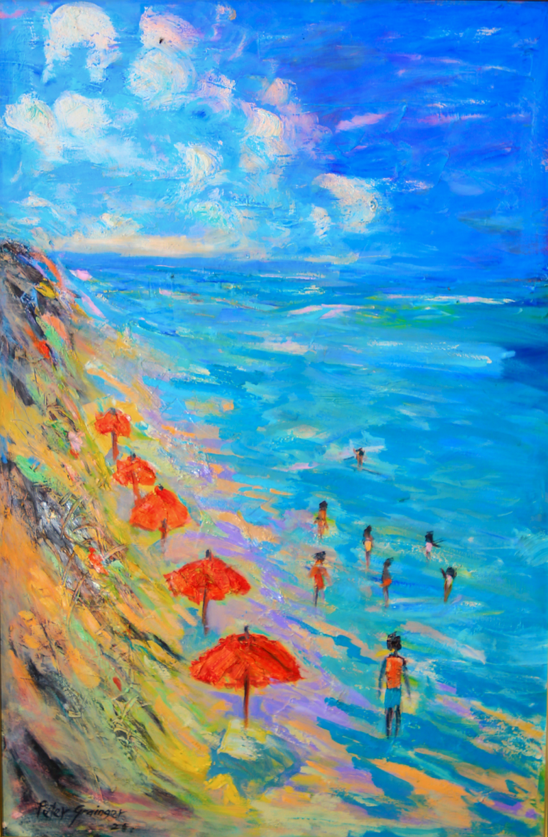 Colorful beach scene painting with people and red umbrellas, framed in brown.
