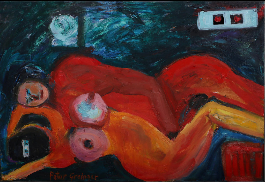 An abstract expressionist painting depicting two nude figures in a dark, stylized room. The artwork features bold brushstrokes in red, orange, yellow, and deep blue, with a signature 'Pierre asparou' visible in the lower-left corner.