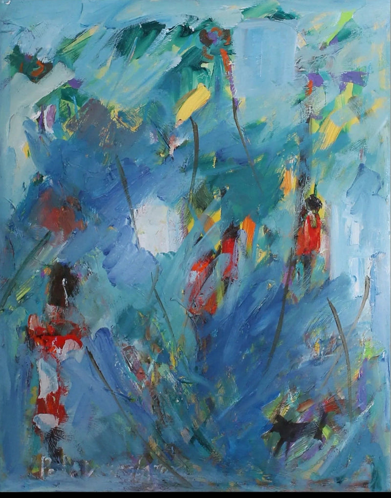 Abstract painting with a dominant blue color on a white background