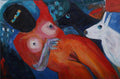 Colorful painting of a fox playing a saxophone with abstract elements.
