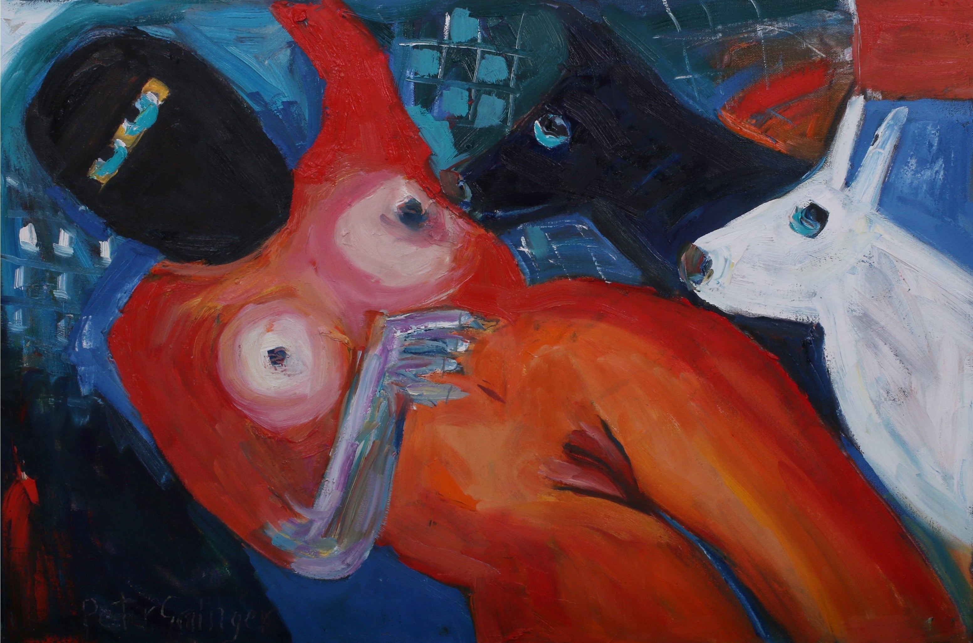 Colorful painting of a fox playing a saxophone with abstract elements.