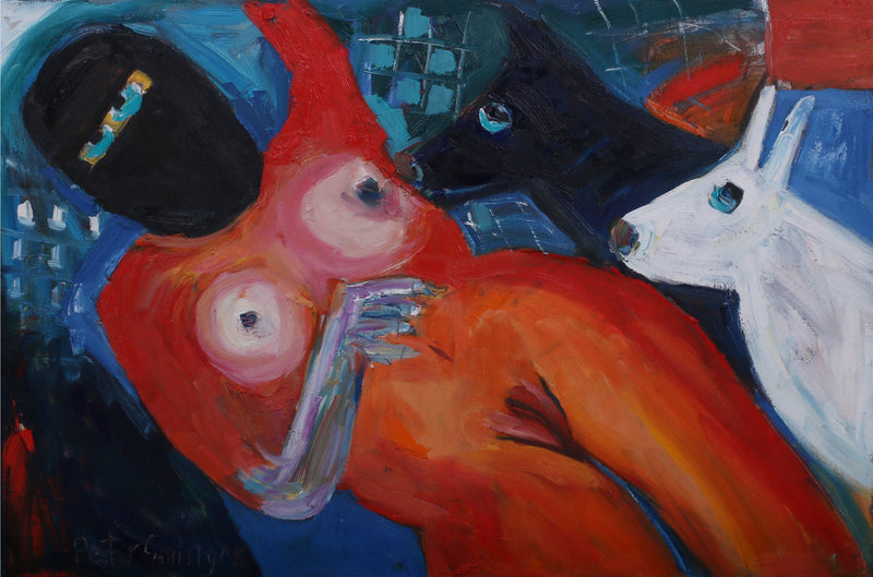 Colorful painting of a fox playing a saxophone with abstract elements.